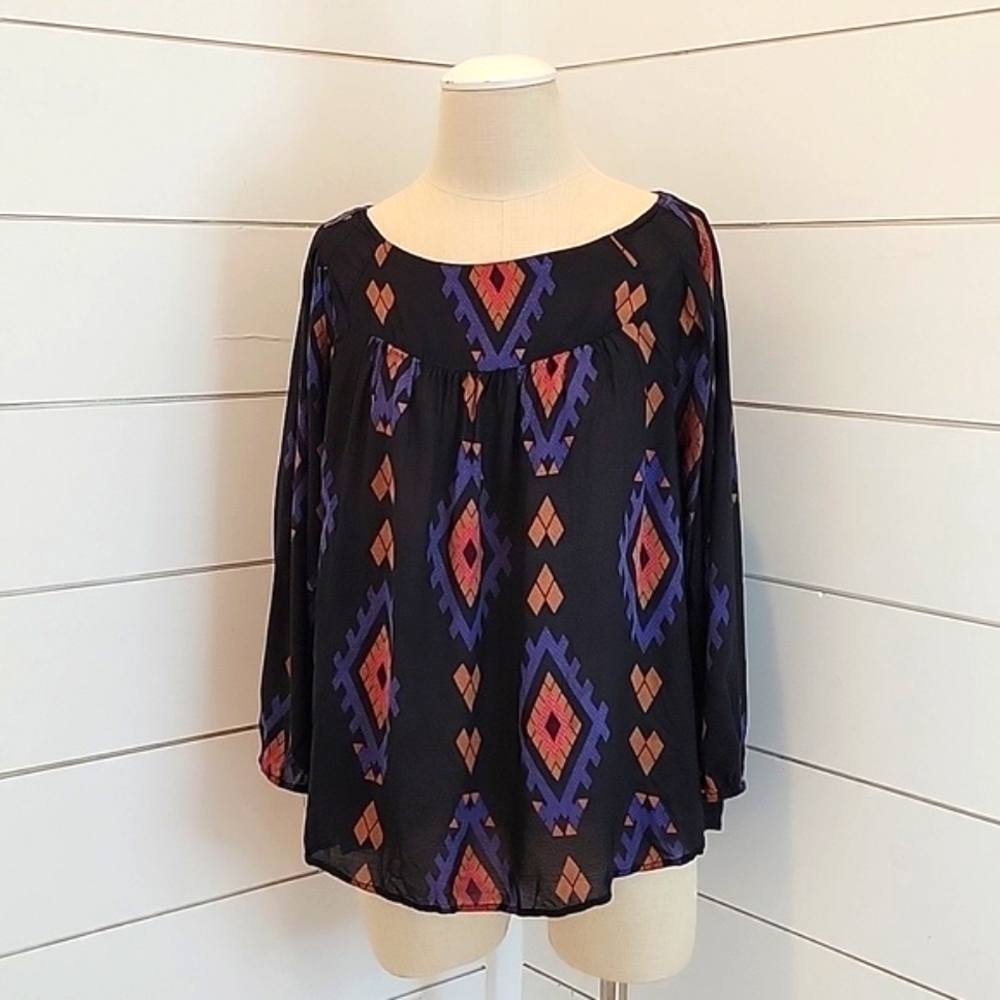 LUCKY BRAND large flowy black blouse with colored design
